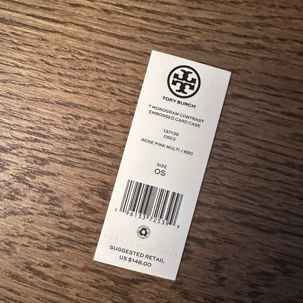 NWT! NEW! Tory Burch T Monogram Contrast Embossed Logo Pink Card Holder